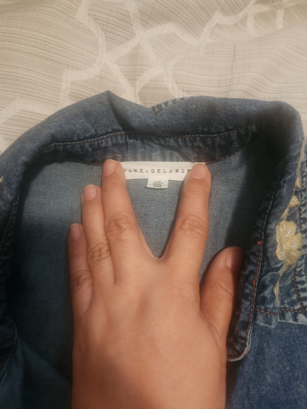 Embroidered Collar Dark Denim Button-Up Shirt - Picture 3 of 6